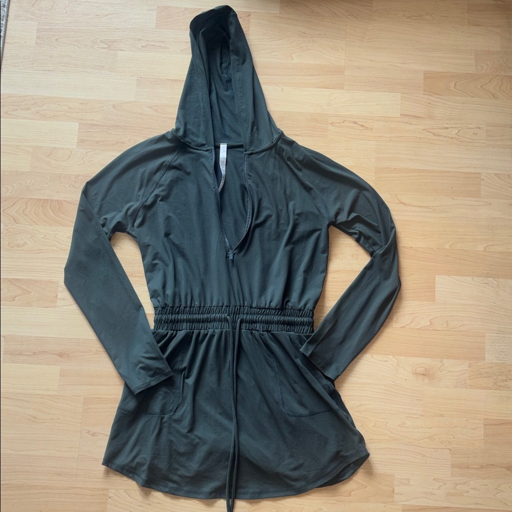 Getting Out Long Sleeve Hooded Zip-Up Athleisure Dress Romper Large Dark Green - Picture 6 of 12